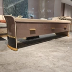 Elegant Curved TV Stand with Textured Panels, Cream Frame and Brushed Gold Hardware